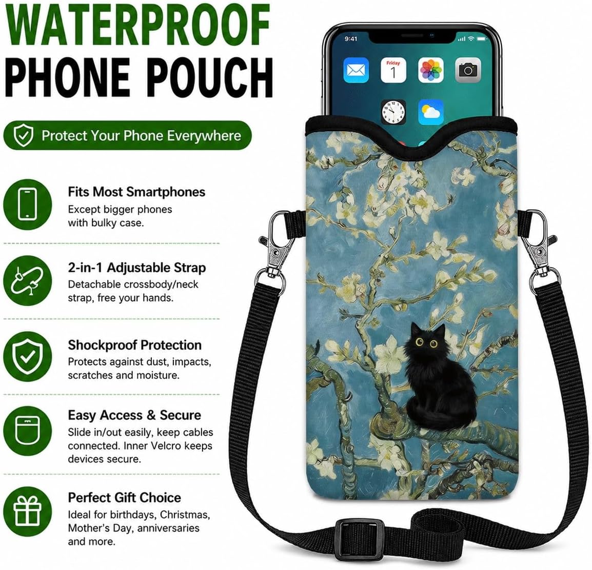 Neoprene Phone Sleeve Pouch Case Bag for Women Men with Crossbody Strap, 7.1x3.9 in, Shockproof Black Cat Mobile Protection Case Bag with Neck Lanyard, Black Cat Garden, Gift for Cats Lovers - Colors B