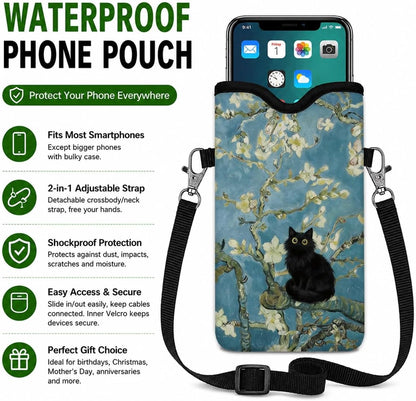 Neoprene Phone Sleeve Pouch Case Bag for Women Men with Crossbody Strap, 7.1x3.9 in, Shockproof Black Cat Mobile Protection Case Bag with Neck Lanyard, Black Cat Garden, Gift for Cats Lovers - Colors B