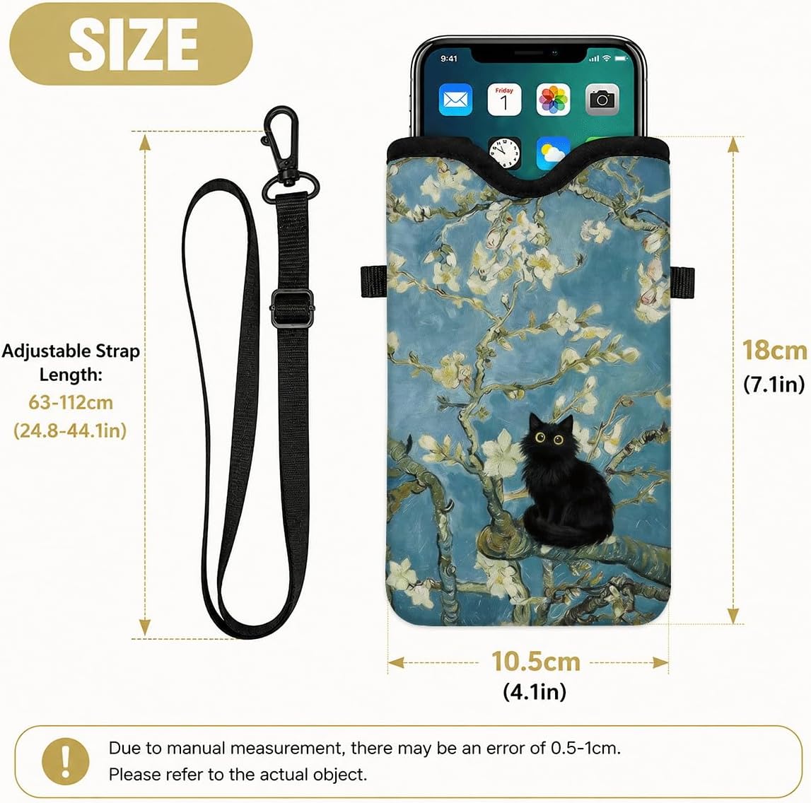 Neoprene Phone Sleeve Pouch Case Bag for Women Men with Crossbody Strap, 7.1x3.9 in, Shockproof Black Cat Mobile Protection Case Bag with Neck Lanyard, Black Cat Garden, Gift for Cats Lovers - Colors B