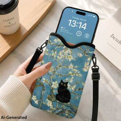 Neoprene Phone Sleeve Pouch Case Bag for Women Men with Crossbody Strap, 7.1x3.9 in, Shockproof Black Cat Mobile Protection Case Bag with Neck Lanyard, Black Cat Garden, Gift for Cats Lovers - Colors B