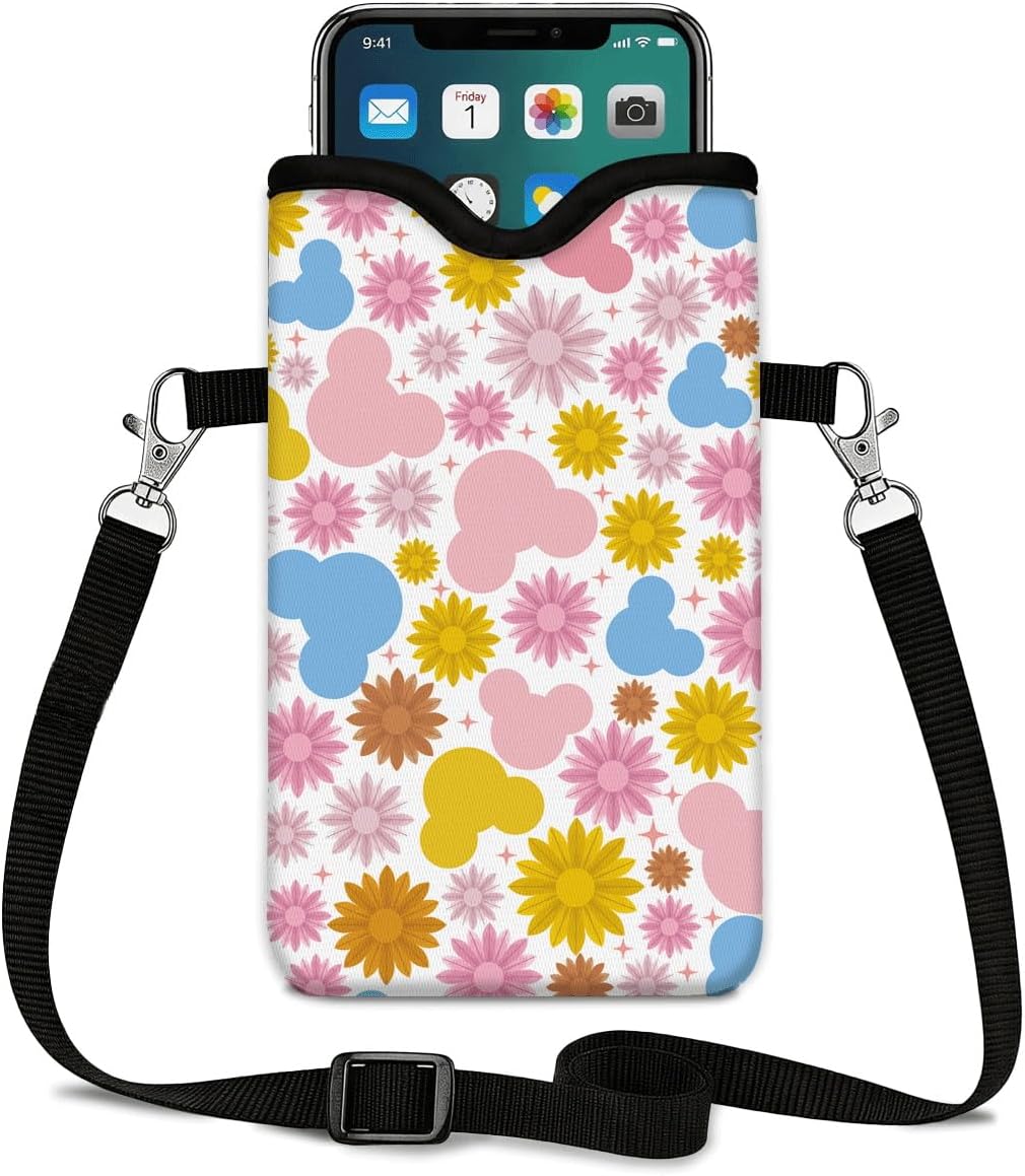 Neoprene Phone Sleeve Pouch Case Bag for Women Men with Crossbody Strap, 7.1x3.9 in, Shockproof Black Cat Mobile Protection Case Bag with Neck Lanyard, Black Cat Garden, Gift for Cats Lovers - Colors B