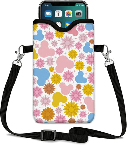 Neoprene Phone Sleeve Pouch Case Bag for Women Men with Crossbody Strap, 7.1x3.9 in, Shockproof Black Cat Mobile Protection Case Bag with Neck Lanyard, Black Cat Garden, Gift for Cats Lovers - Colors B