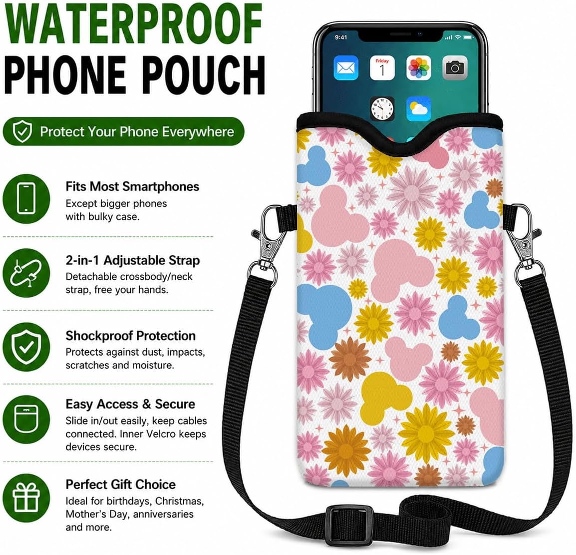 Neoprene Phone Sleeve Pouch Case Bag for Women Men with Crossbody Strap, 7.1x3.9 in, Shockproof Black Cat Mobile Protection Case Bag with Neck Lanyard, Black Cat Garden, Gift for Cats Lovers - Colors B