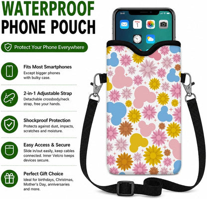 Neoprene Phone Sleeve Pouch Case Bag for Women Men with Crossbody Strap, 7.1x3.9 in, Shockproof Black Cat Mobile Protection Case Bag with Neck Lanyard, Black Cat Garden, Gift for Cats Lovers - Colors B