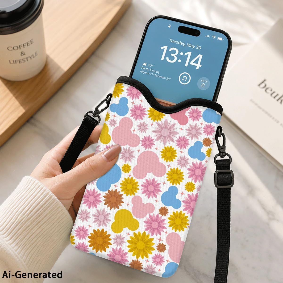 Neoprene Phone Sleeve Pouch Case Bag for Women Men with Crossbody Strap, 7.1x3.9 in, Shockproof Black Cat Mobile Protection Case Bag with Neck Lanyard, Black Cat Garden, Gift for Cats Lovers - Colors B