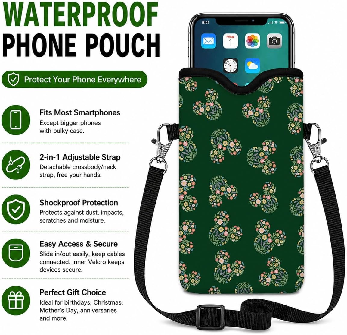 Neoprene Phone Sleeve Pouch Case Bag for Women Men with Crossbody Strap, 7.1x3.9 in, Shockproof Black Cat Mobile Protection Case Bag with Neck Lanyard, Black Cat Garden, Gift for Cats Lovers - Colors B