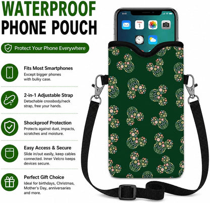 Neoprene Phone Sleeve Pouch Case Bag for Women Men with Crossbody Strap, 7.1x3.9 in, Shockproof Black Cat Mobile Protection Case Bag with Neck Lanyard, Black Cat Garden, Gift for Cats Lovers - Colors B