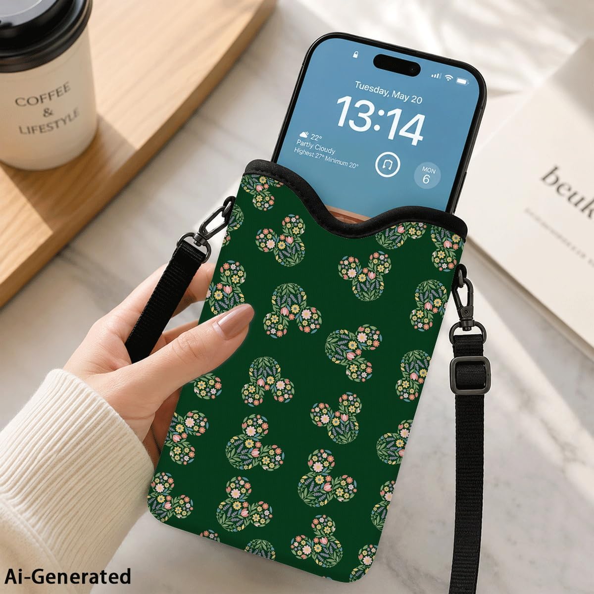 Neoprene Phone Sleeve Pouch Case Bag for Women Men with Crossbody Strap, 7.1x3.9 in, Shockproof Black Cat Mobile Protection Case Bag with Neck Lanyard, Black Cat Garden, Gift for Cats Lovers - Colors B