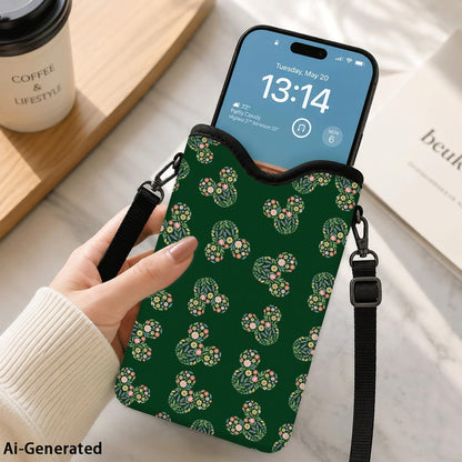 Neoprene Phone Sleeve Pouch Case Bag for Women Men with Crossbody Strap, 7.1x3.9 in, Shockproof Black Cat Mobile Protection Case Bag with Neck Lanyard, Black Cat Garden, Gift for Cats Lovers - Colors B