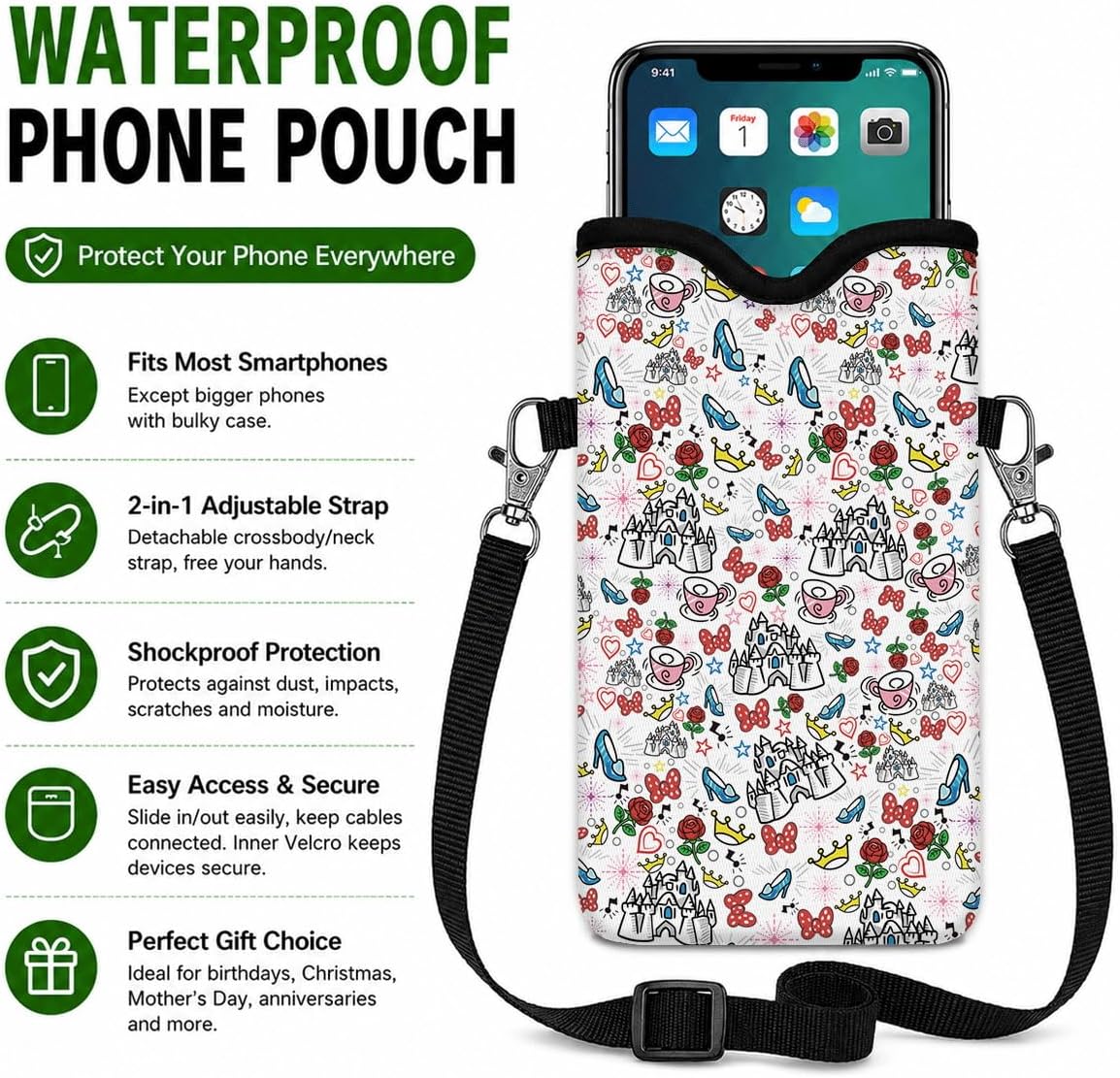 Neoprene Phone Sleeve Pouch Case Bag for Women Men with Crossbody Strap, 7.1x3.9 in, Shockproof Black Cat Mobile Protection Case Bag with Neck Lanyard, Black Cat Garden, Gift for Cats Lovers - Colors B
