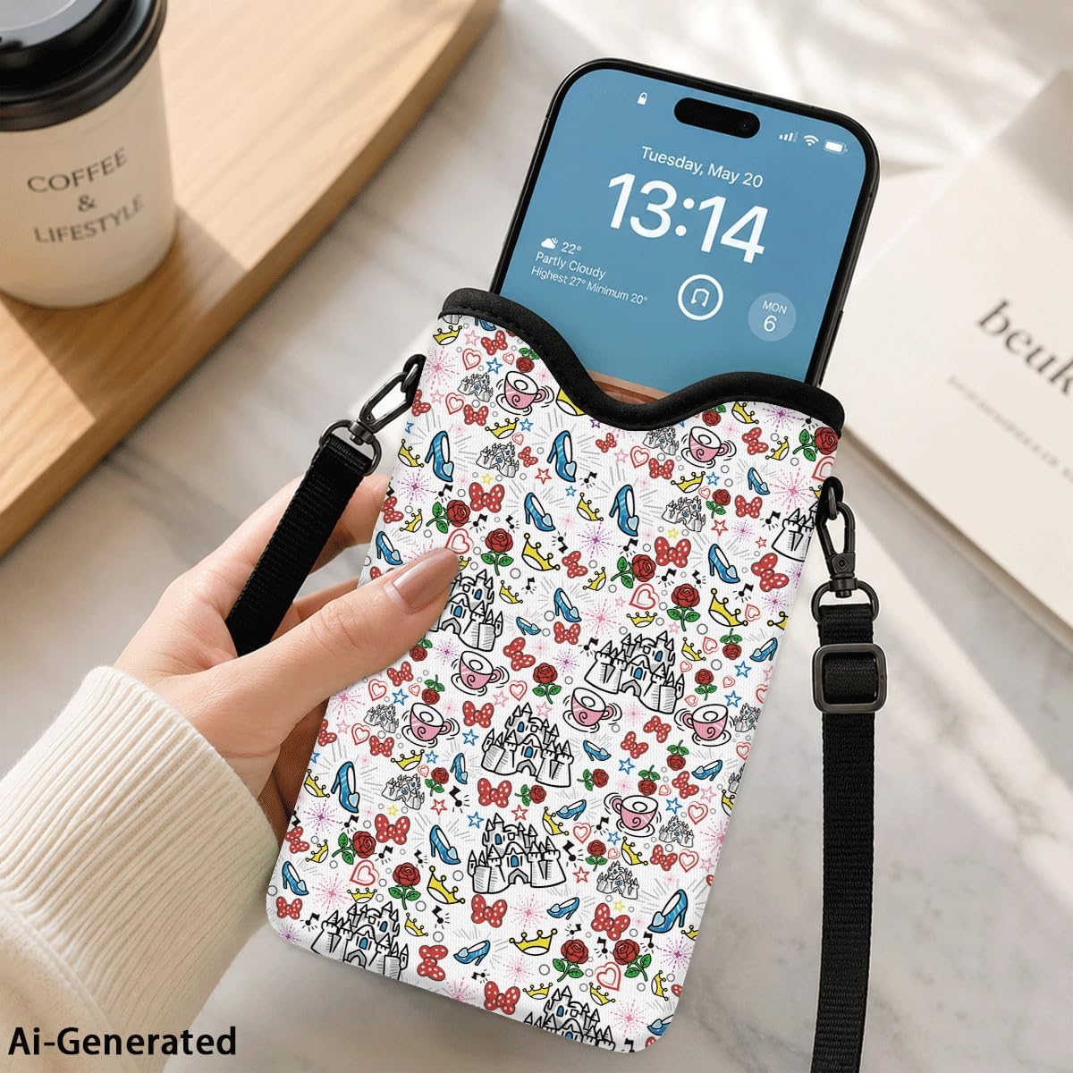 Neoprene Phone Sleeve Pouch Case Bag for Women Men with Crossbody Strap, 7.1x3.9 in, Shockproof Black Cat Mobile Protection Case Bag with Neck Lanyard, Black Cat Garden, Gift for Cats Lovers - Colors B