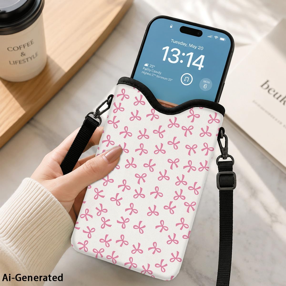 Neoprene Phone Sleeve Pouch Case Bag for Women Men with Crossbody Strap, 7.1x3.9 in, Shockproof Black Cat Mobile Protection Case Bag with Neck Lanyard, Black Cat Garden, Gift for Cats Lovers - Colors B