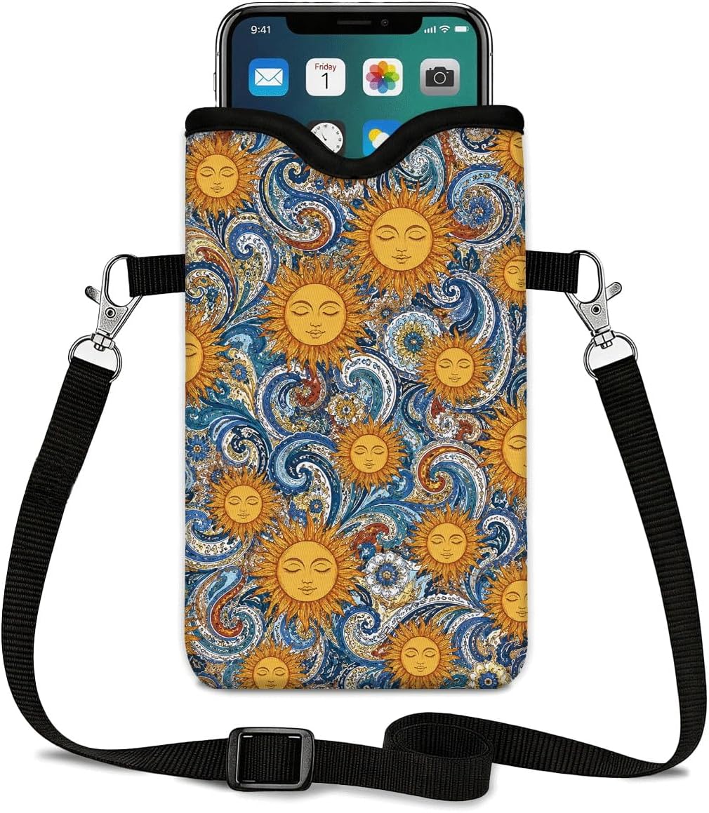 Neoprene Phone Sleeve Pouch Case Bag for Women Men with Crossbody Strap, 7.1x3.9 in, Shockproof Black Cat Mobile Protection Case Bag with Neck Lanyard, Black Cat Garden, Gift for Cats Lovers - Colors B