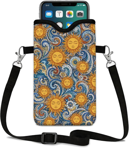 Neoprene Phone Sleeve Pouch Case Bag for Women Men with Crossbody Strap, 7.1x3.9 in, Shockproof Black Cat Mobile Protection Case Bag with Neck Lanyard, Black Cat Garden, Gift for Cats Lovers - Colors B