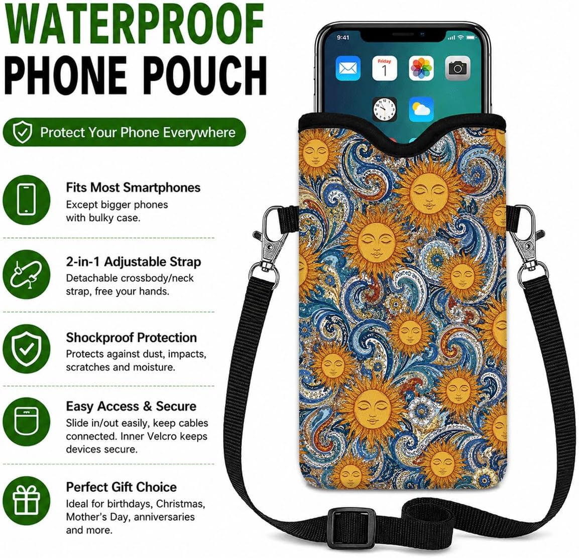 Neoprene Phone Sleeve Pouch Case Bag for Women Men with Crossbody Strap, 7.1x3.9 in, Shockproof Black Cat Mobile Protection Case Bag with Neck Lanyard, Black Cat Garden, Gift for Cats Lovers - Colors B