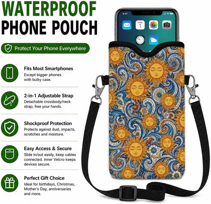 Neoprene Phone Sleeve Pouch Case Bag for Women Men with Crossbody Strap, 7.1x3.9 in, Shockproof Black Cat Mobile Protection Case Bag with Neck Lanyard, Black Cat Garden, Gift for Cats Lovers - Colors B