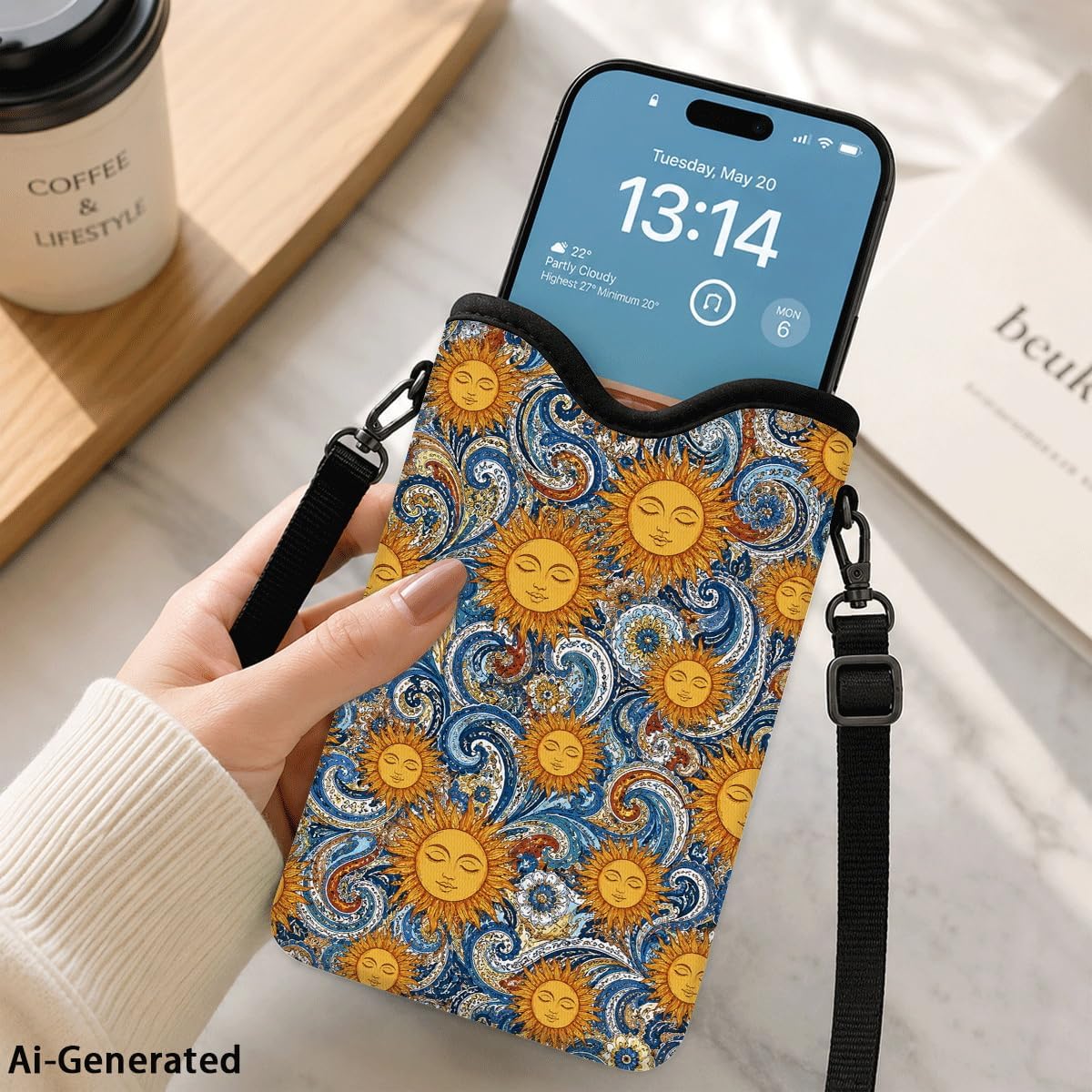 Neoprene Phone Sleeve Pouch Case Bag for Women Men with Crossbody Strap, 7.1x3.9 in, Shockproof Black Cat Mobile Protection Case Bag with Neck Lanyard, Black Cat Garden, Gift for Cats Lovers - Colors B