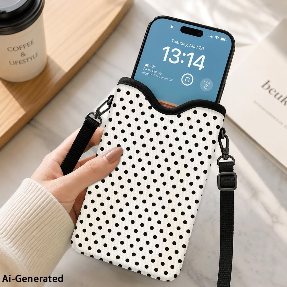 Neoprene Phone Sleeve Pouch Case Bag for Women Men with Crossbody Strap, 7.1x3.9 in, Shockproof Black Cat Mobile Protection Case Bag with Neck Lanyard, Black Cat Garden, Gift for Cats Lovers - Colors B