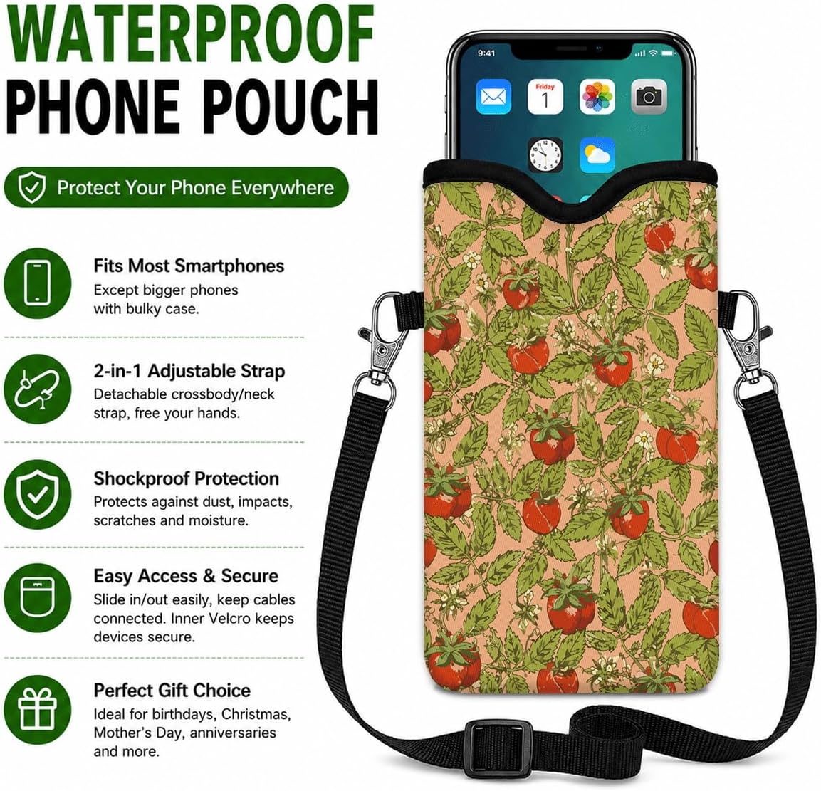 Neoprene Phone Sleeve Pouch Case Bag for Women Men with Crossbody Strap, 7.1x3.9 in, Shockproof Black Cat Mobile Protection Case Bag with Neck Lanyard, Black Cat Garden, Gift for Cats Lovers - Colors B