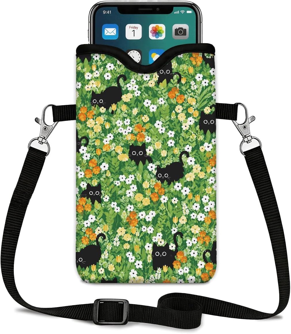 Neoprene Phone Sleeve Pouch Case Bag for Women Men with Crossbody Strap, 7.1x3.9 in, Shockproof Black Cat Mobile Protection Case Bag with Neck Lanyard, Black Cat Garden, Gift for Cats Lovers - Colors B