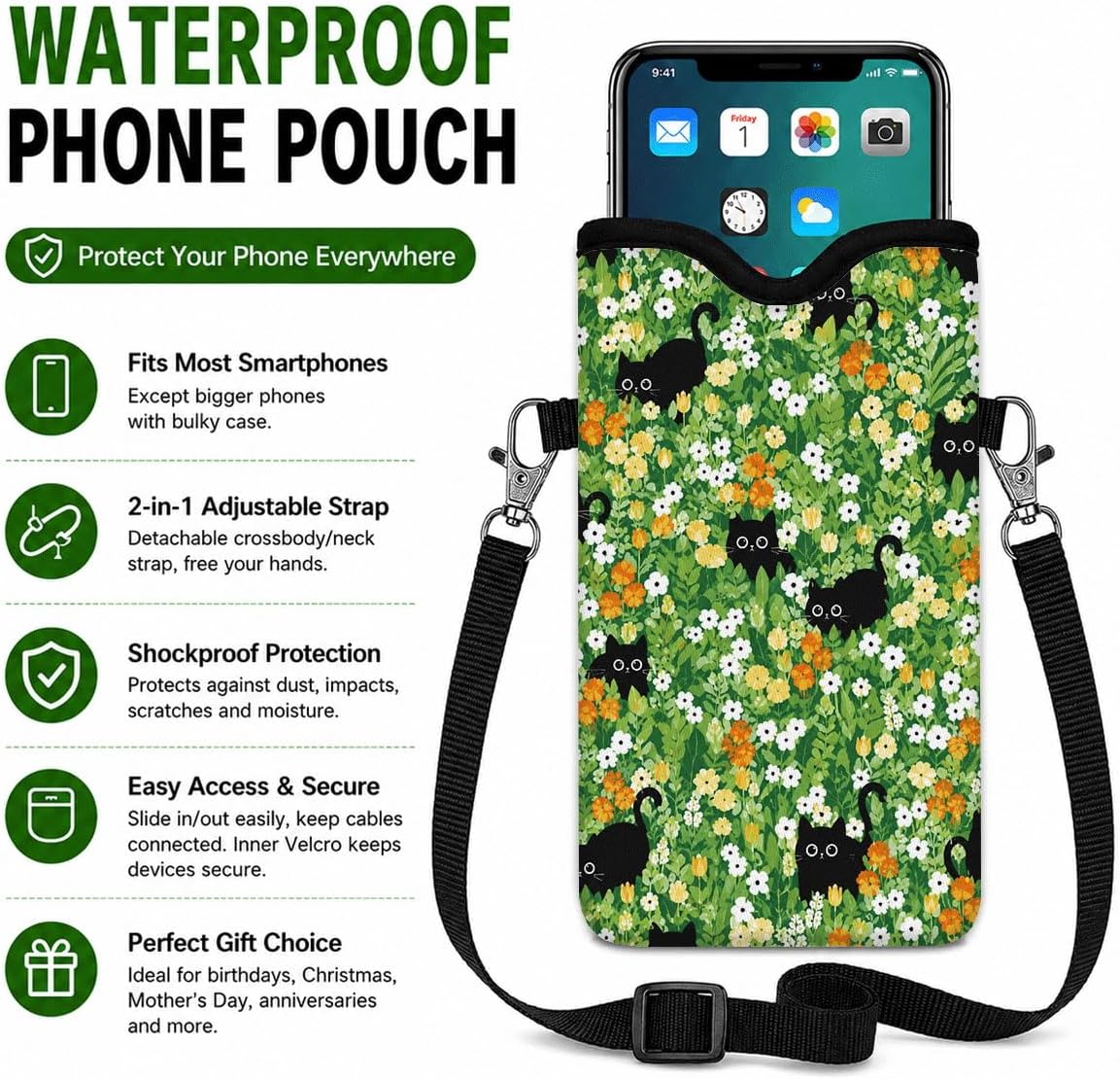 Neoprene Phone Sleeve Pouch Case Bag for Women Men with Crossbody Strap, 7.1x3.9 in, Shockproof Black Cat Mobile Protection Case Bag with Neck Lanyard, Black Cat Garden, Gift for Cats Lovers - Colors B