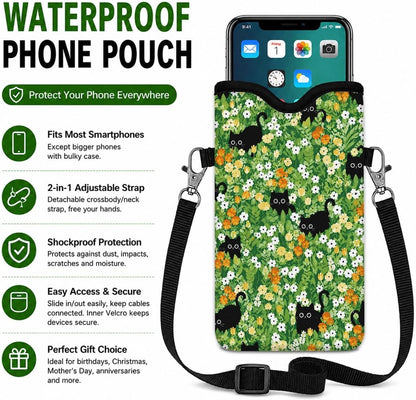 Neoprene Phone Sleeve Pouch Case Bag for Women Men with Crossbody Strap, 7.1x3.9 in, Shockproof Black Cat Mobile Protection Case Bag with Neck Lanyard, Black Cat Garden, Gift for Cats Lovers - Colors B