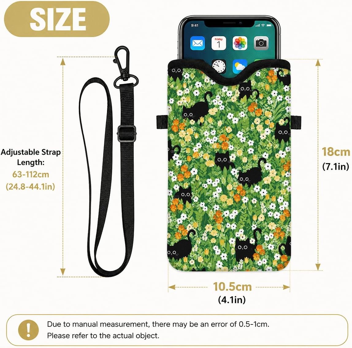 Neoprene Phone Sleeve Pouch Case Bag for Women Men with Crossbody Strap, 7.1x3.9 in, Shockproof Black Cat Mobile Protection Case Bag with Neck Lanyard, Black Cat Garden, Gift for Cats Lovers - Colors B