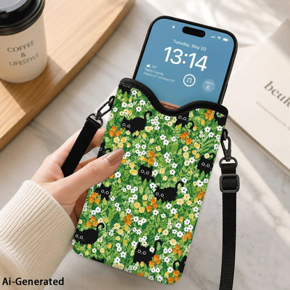 Neoprene Phone Sleeve Pouch Case Bag for Women Men with Crossbody Strap, 7.1x3.9 in, Shockproof Black Cat Mobile Protection Case Bag with Neck Lanyard, Black Cat Garden, Gift for Cats Lovers - Colors B