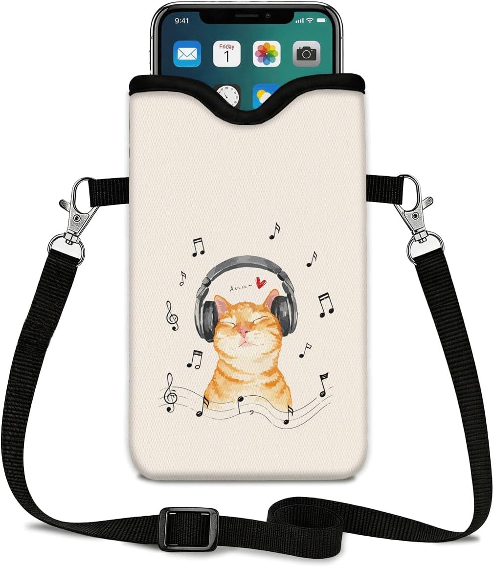 Neoprene Phone Sleeve Pouch Case Bag for Women Men with Crossbody Strap, 7.1x3.9 in, Shockproof Black Cat Mobile Protection Case Bag with Neck Lanyard, Black Cat Garden, Gift for Cats Lovers - Colors B