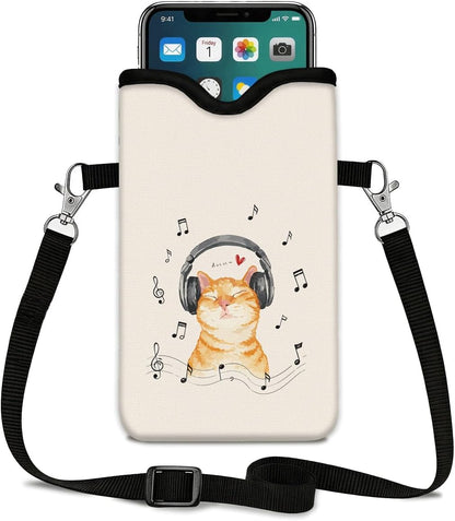 Neoprene Phone Sleeve Pouch Case Bag for Women Men with Crossbody Strap, 7.1x3.9 in, Shockproof Black Cat Mobile Protection Case Bag with Neck Lanyard, Black Cat Garden, Gift for Cats Lovers - Colors B