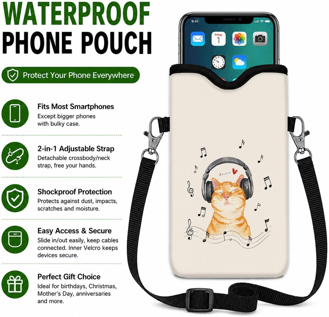 Neoprene Phone Sleeve Pouch Case Bag for Women Men with Crossbody Strap, 7.1x3.9 in, Shockproof Black Cat Mobile Protection Case Bag with Neck Lanyard, Black Cat Garden, Gift for Cats Lovers - Colors B