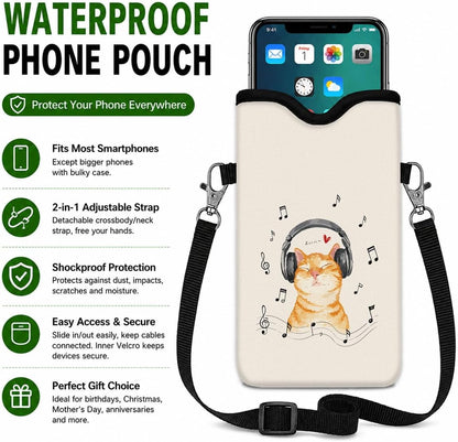 Neoprene Phone Sleeve Pouch Case Bag for Women Men with Crossbody Strap, 7.1x3.9 in, Shockproof Black Cat Mobile Protection Case Bag with Neck Lanyard, Black Cat Garden, Gift for Cats Lovers - Colors B