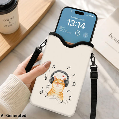 Neoprene Phone Sleeve Pouch Case Bag for Women Men with Crossbody Strap, 7.1x3.9 in, Shockproof Black Cat Mobile Protection Case Bag with Neck Lanyard, Black Cat Garden, Gift for Cats Lovers - Colors B