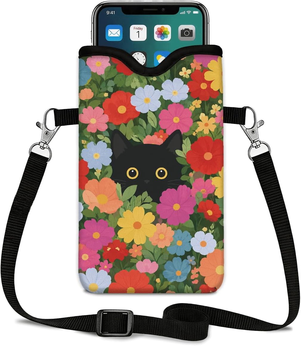 Neoprene Phone Sleeve Pouch Case Bag for Women Men with Crossbody Strap, 7.1x3.9 in, Shockproof Black Cat Mobile Protection Case Bag with Neck Lanyard, Black Cat Garden, Gift for Cats Lovers - Colors B