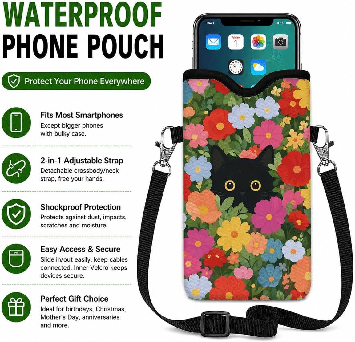 Neoprene Phone Sleeve Pouch Case Bag for Women Men with Crossbody Strap, 7.1x3.9 in, Shockproof Black Cat Mobile Protection Case Bag with Neck Lanyard, Black Cat Garden, Gift for Cats Lovers - Colors B