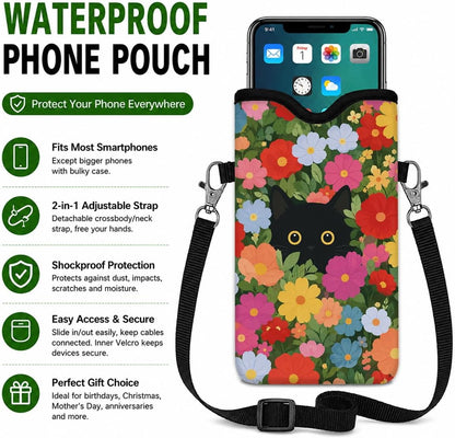Neoprene Phone Sleeve Pouch Case Bag for Women Men with Crossbody Strap, 7.1x3.9 in, Shockproof Black Cat Mobile Protection Case Bag with Neck Lanyard, Black Cat Garden, Gift for Cats Lovers - Colors B