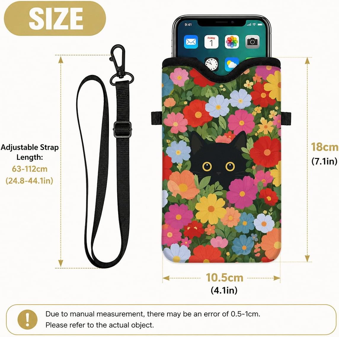 Neoprene Phone Sleeve Pouch Case Bag for Women Men with Crossbody Strap, 7.1x3.9 in, Shockproof Black Cat Mobile Protection Case Bag with Neck Lanyard, Black Cat Garden, Gift for Cats Lovers - Colors B