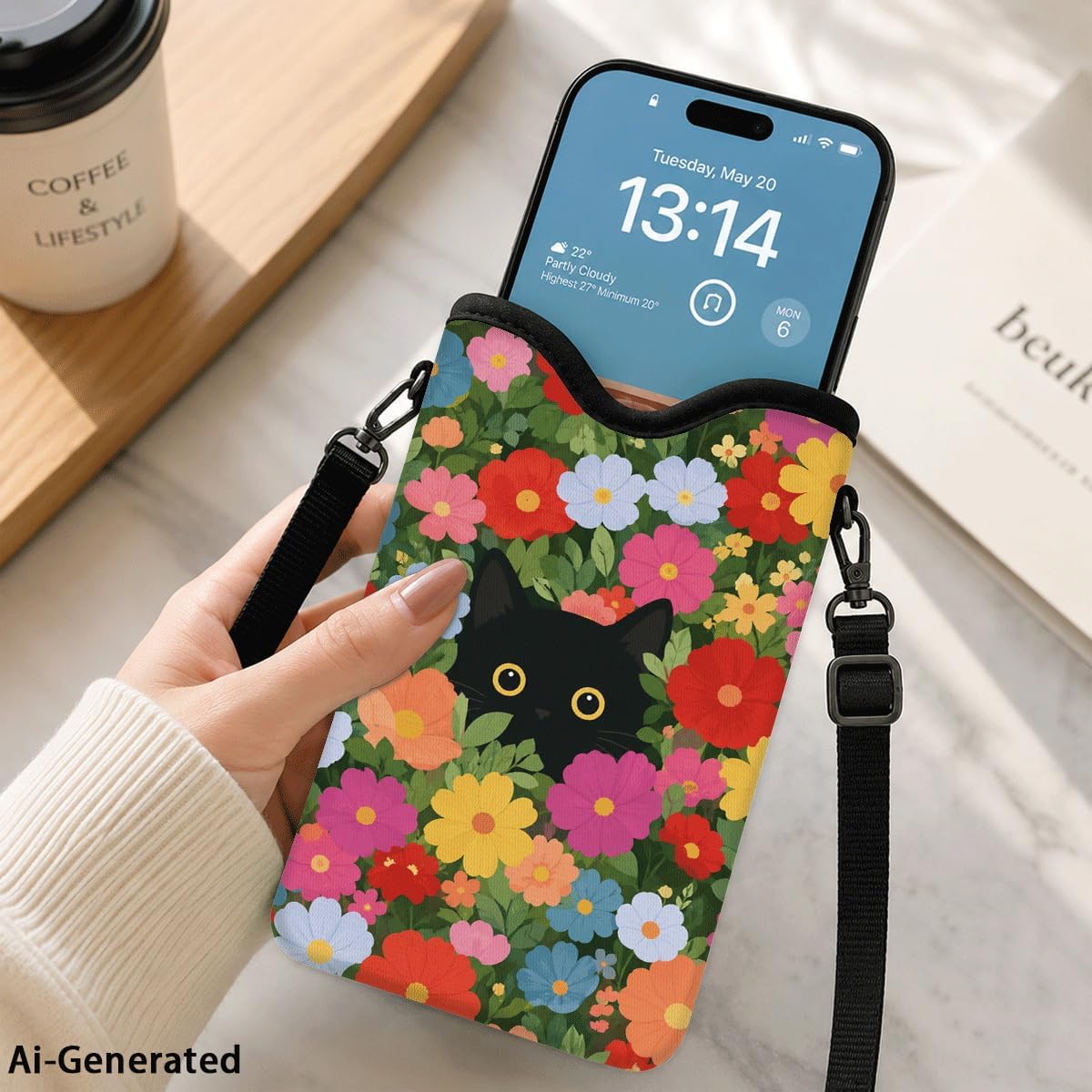 Neoprene Phone Sleeve Pouch Case Bag for Women Men with Crossbody Strap, 7.1x3.9 in, Shockproof Black Cat Mobile Protection Case Bag with Neck Lanyard, Black Cat Garden, Gift for Cats Lovers - Colors B