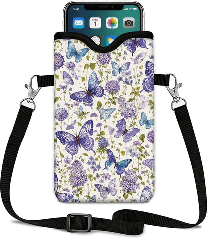 Neoprene Phone Sleeve Pouch Case Bag for Women Men with Crossbody Strap, 7.1x3.9 in, Shockproof Black Cat Mobile Protection Case Bag with Neck Lanyard, Black Cat Garden, Gift for Cats Lovers - Colors B