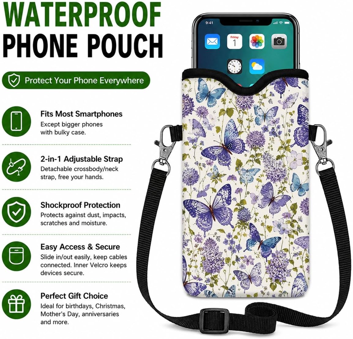 Neoprene Phone Sleeve Pouch Case Bag for Women Men with Crossbody Strap, 7.1x3.9 in, Shockproof Black Cat Mobile Protection Case Bag with Neck Lanyard, Black Cat Garden, Gift for Cats Lovers - Colors B