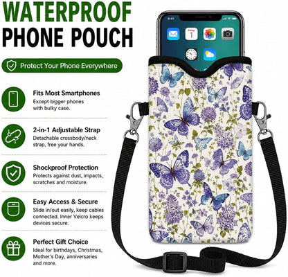 Neoprene Phone Sleeve Pouch Case Bag for Women Men with Crossbody Strap, 7.1x3.9 in, Shockproof Black Cat Mobile Protection Case Bag with Neck Lanyard, Black Cat Garden, Gift for Cats Lovers - Colors B