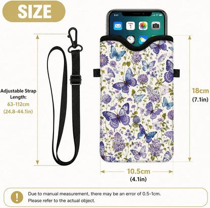 Neoprene Phone Sleeve Pouch Case Bag for Women Men with Crossbody Strap, 7.1x3.9 in, Shockproof Black Cat Mobile Protection Case Bag with Neck Lanyard, Black Cat Garden, Gift for Cats Lovers - Colors B