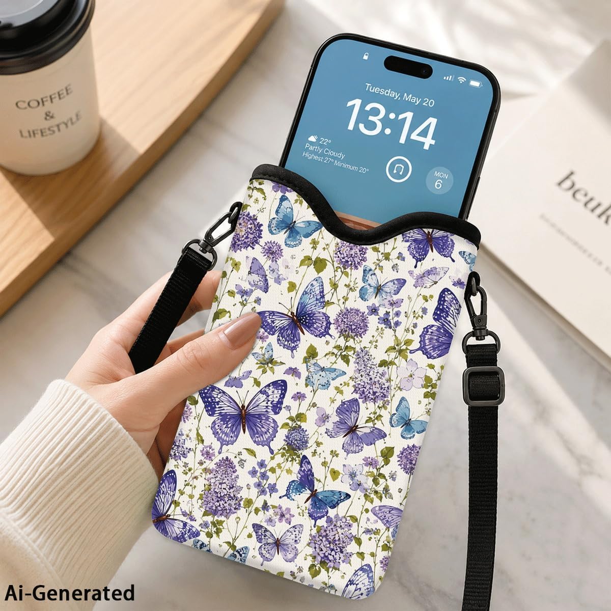 Neoprene Phone Sleeve Pouch Case Bag for Women Men with Crossbody Strap, 7.1x3.9 in, Shockproof Black Cat Mobile Protection Case Bag with Neck Lanyard, Black Cat Garden, Gift for Cats Lovers - Colors B