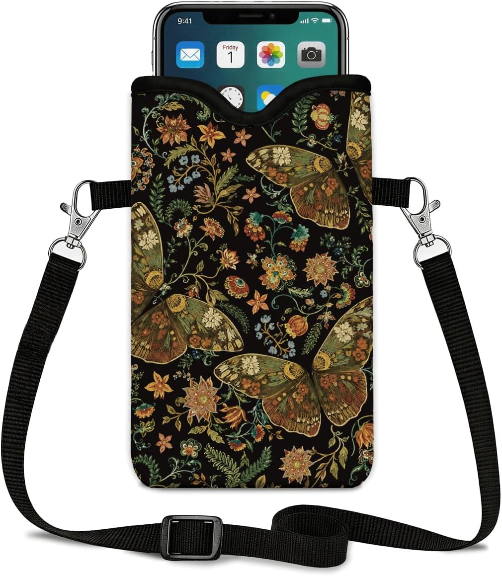 Neoprene Phone Sleeve Pouch Case Bag for Women Men with Crossbody Strap, 7.1x3.9 in, Shockproof Black Cat Mobile Protection Case Bag with Neck Lanyard, Black Cat Garden, Gift for Cats Lovers - Colors B