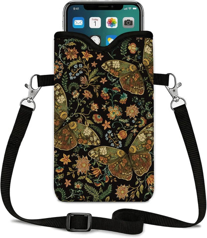 Neoprene Phone Sleeve Pouch Case Bag for Women Men with Crossbody Strap, 7.1x3.9 in, Shockproof Black Cat Mobile Protection Case Bag with Neck Lanyard, Black Cat Garden, Gift for Cats Lovers - Colors B