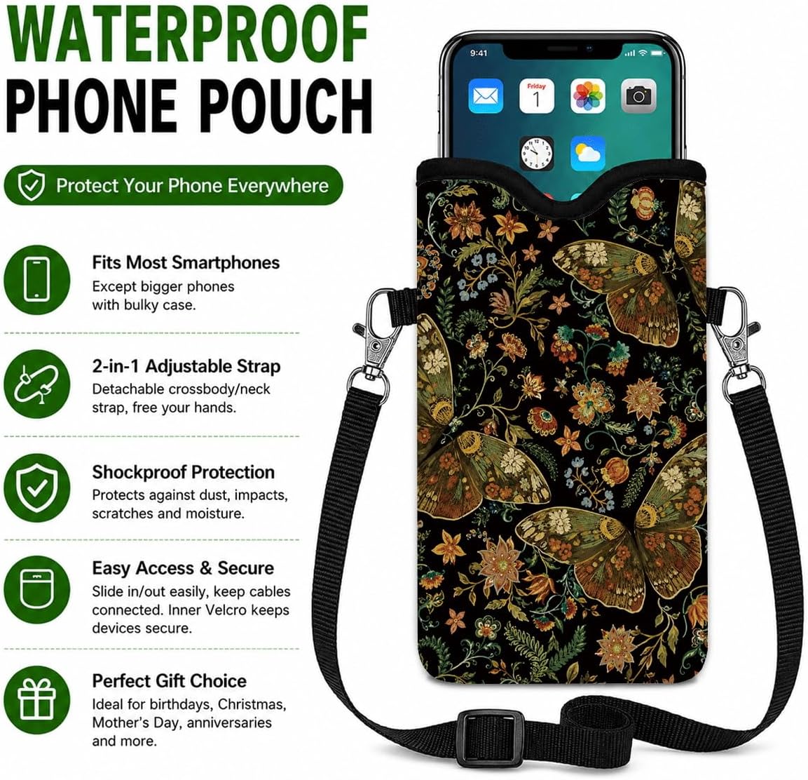 Neoprene Phone Sleeve Pouch Case Bag for Women Men with Crossbody Strap, 7.1x3.9 in, Shockproof Black Cat Mobile Protection Case Bag with Neck Lanyard, Black Cat Garden, Gift for Cats Lovers - Colors B