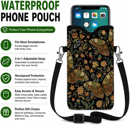 Neoprene Phone Sleeve Pouch Case Bag for Women Men with Crossbody Strap, 7.1x3.9 in, Shockproof Black Cat Mobile Protection Case Bag with Neck Lanyard, Black Cat Garden, Gift for Cats Lovers - Colors B