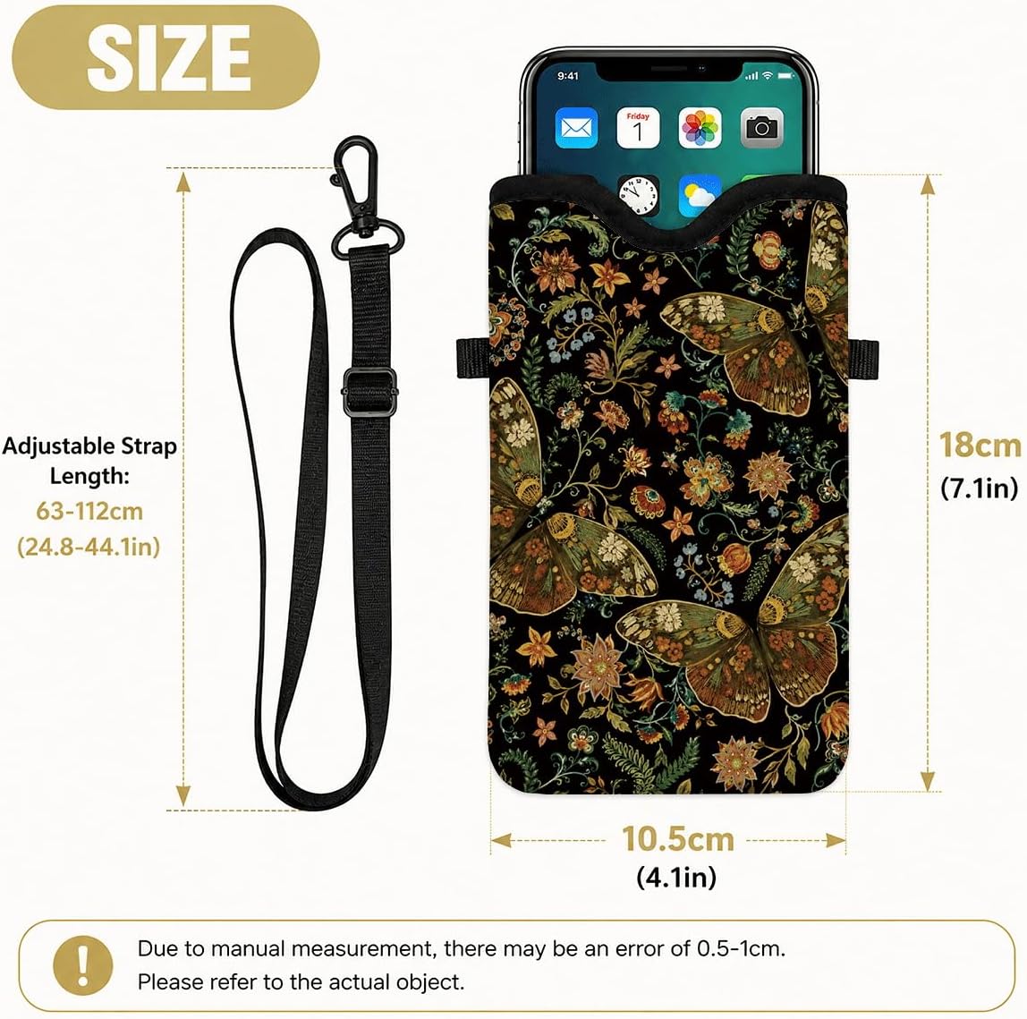 Neoprene Phone Sleeve Pouch Case Bag for Women Men with Crossbody Strap, 7.1x3.9 in, Shockproof Black Cat Mobile Protection Case Bag with Neck Lanyard, Black Cat Garden, Gift for Cats Lovers - Colors B