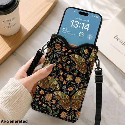 Neoprene Phone Sleeve Pouch Case Bag for Women Men with Crossbody Strap, 7.1x3.9 in, Shockproof Black Cat Mobile Protection Case Bag with Neck Lanyard, Black Cat Garden, Gift for Cats Lovers - Colors B