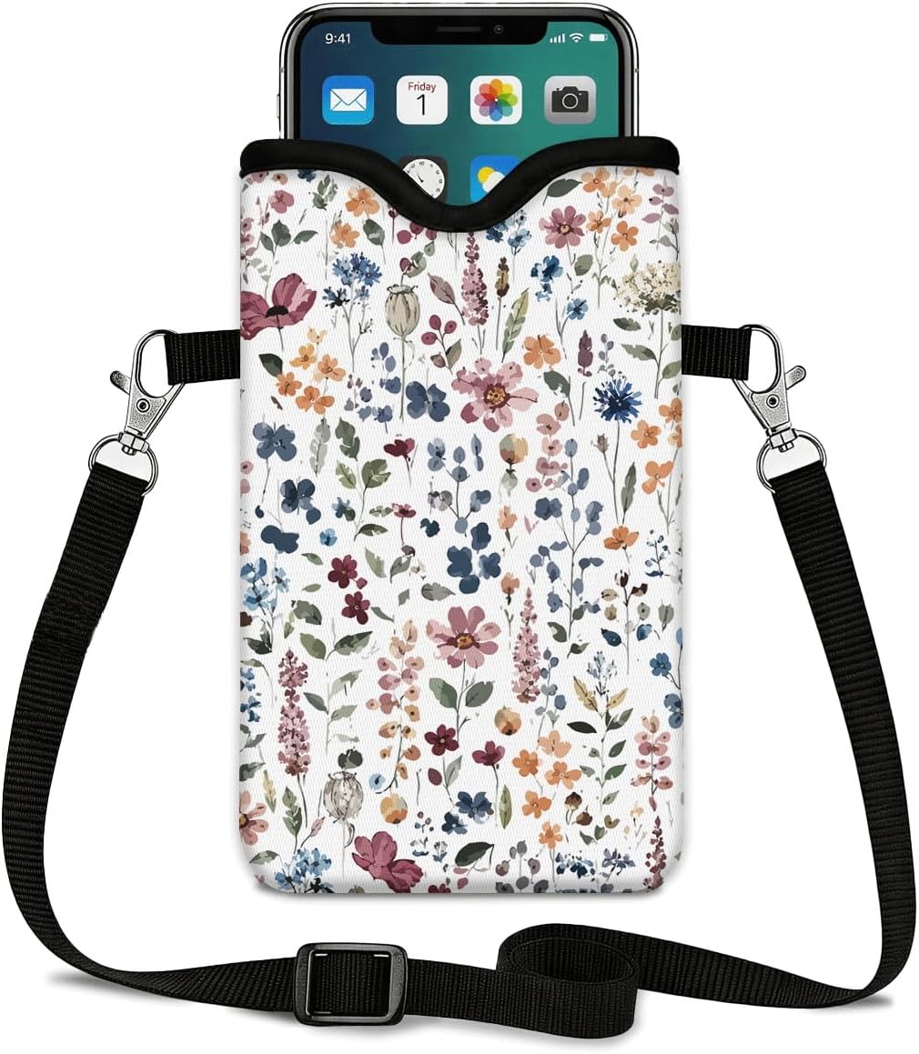 Neoprene Phone Sleeve Pouch Case Bag for Women Men with Crossbody Strap, 7.1x3.9 in, Shockproof Black Cat Mobile Protection Case Bag with Neck Lanyard, Black Cat Garden, Gift for Cats Lovers - Colors B